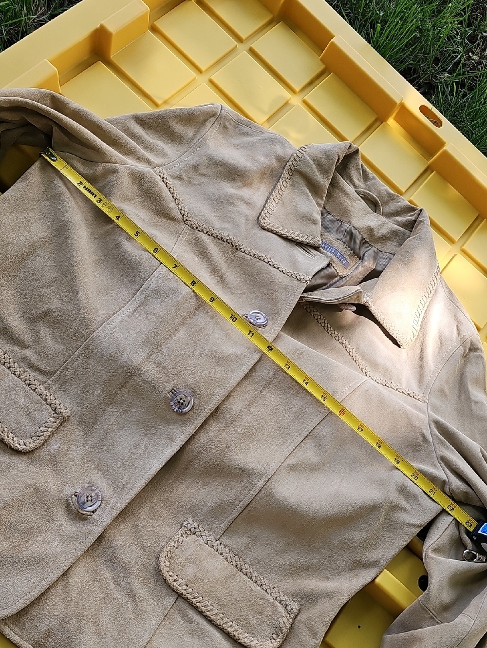 Women’s Suede Jacket in Beige - Braided Trim Button Front (A) - Picture 8 of 9